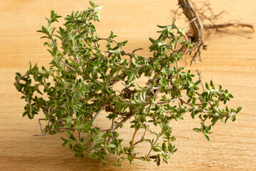 fresh thyme on wooden table
