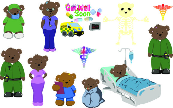 A selection of digitally hand drawn images of healthcare workers taking care of all those sick patients - Get well soon 