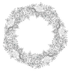 Of flowers wreath frame postcard in isolation on a white background. Doodle flowers black and white