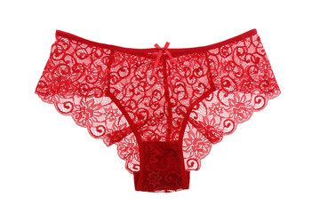 Red women's lace panties on a white background