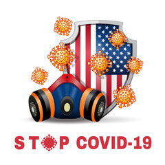 Respirator and coronavirus bacteria on the background of a shield with the image of the flag of USA. Stop coronavirus Covid-19 concept design. Vector illustration