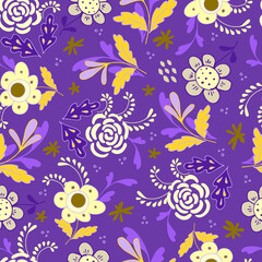 Seamless pattern of bright flowers and leaves in the Scandinavian style. Floral background for wrapping paper and scrapbooking. Design for fabric. Stock vector flat illustration.