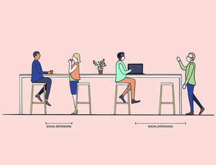 Social distancing at office workplace pantry room. Man and woman employees maintain distance during working and talking for safety from covid-19 coronavirus vector illustration