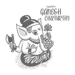 Hand drawn vector illustration of Ganesh Chaturthi. line drawing. black and white