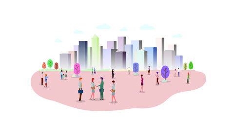 A group of people in the city park. People in various gestures, such as standing, walking, talking with mobile phone. Website header or banner design. Vector illustration.