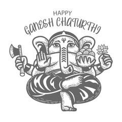 Hand drawn vector illustration of Ganesh Chaturthi. line drawing. black and white