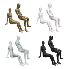 Set of female and male mannequin sits sideways. Storefront design for shops. Mannequin white, black, transparent, gold color. Human body in a sitting pose. Mannequin for clothes.