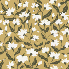 Hand painting vector floral seamless pattern in flat style. Floral fabric design.