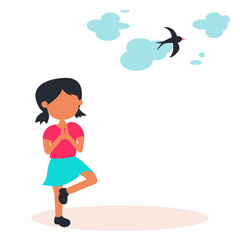 Cute girl is standing and playing yoga in outdoor with the bride sky day, vector illustration design concept for healthy.