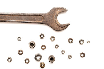 Repair tools wrenche, spanners and nuts. Car inspection and maintenance. Background for copy space.