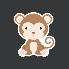 Fototapeta premium Sticker of cute baby monkey sitting. Adorable jungle animal character for design of album, scrapbook, card, poster, invitation