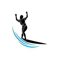 Surfing with water wave logo vector template, Illustration symbol, Silhouette design