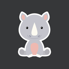 Sticker of cute baby rhino sitting. Adorable safari animal character for design of album, scrapbook, card, poster, invitation.