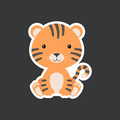 Sticker of cute baby tiger sitting. Adorable jungle animal character for design of album, scrapbook, card, poster, invitation.
