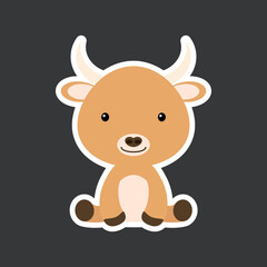 Sticker of cute baby yak sitting. Adorable domestic animal character for design of album, scrapbook, card, poster, invitation.