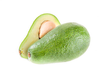 Raw organic avocado, whole and sliced avocado isolated on white background