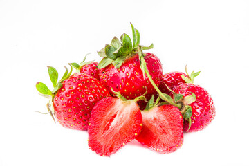 Raw whole and half sliced strawberry. Fresh summer strawberries fruits isolated on white background