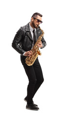 Man in a leather jacket playing a saxophone