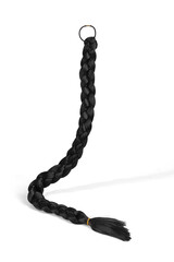 Subject shot of a natural looking wiglet made as a black classic braid fixed on a scrunchie. The long braid is isolated on the white background.