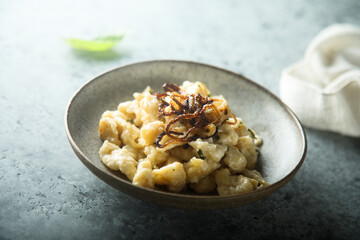 Traditional German noodles with cheese and fried onion