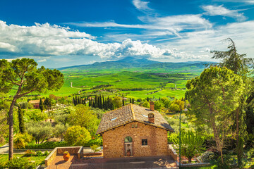 View from Pienza town at surrounding countryside of the Val d'Orcia valley in Tuscany, Italy, Europe.