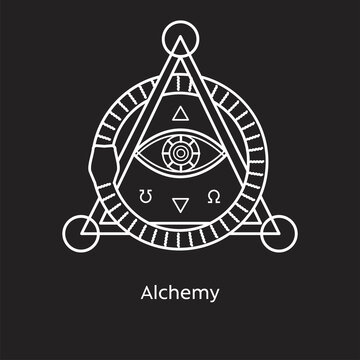 Decorative alchemy vector illustration element icon, line symbols. Alchemy icon. Basic mystic elements on black background
