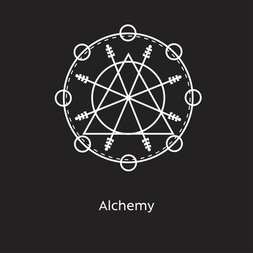 Decorative alchemy vector illustration element icon, line symbols. Alchemy icon. Basic mystic elements on black background