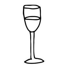 Hand drawing a glass of wine.Simple minimal product picture in doodle.Usable as icon or symbol.Decoration element. Hand drawn black sketch. Stock vector illustration isolated on white background.