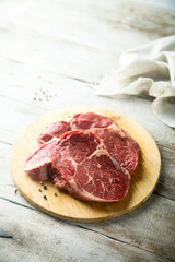 Raw beef steak on wooden desk