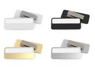 Metal and plastic id badges on the magnet of rectangular narrow shape. Set of gold, silver, black, white. Blank template  for presentation of company name. 3d rendering mockup on a white background.