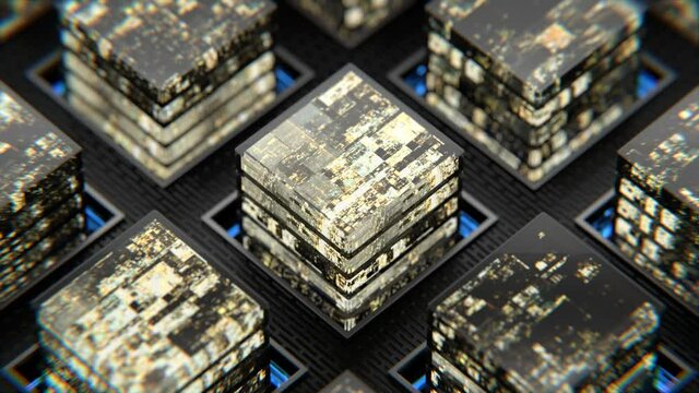 Animation of quantum computers running in harmony, seamlessly loopable animation