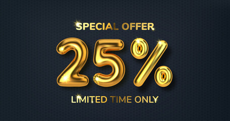 25 off discount promotion sale made of realistic 3d gold balloons. Number in the form of golden balloons. Template for products, advertizing, web banners, leaflets, certificates and postcards. Vector
