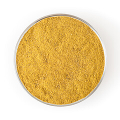 Curry powder in glass bowl isolated on white background with clipping path