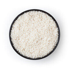 Uncooked round rice in black bowl isolated on white background with clipping path