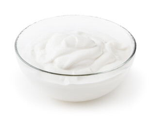 Sour cream in glass bowl isolated on white background with clipping path