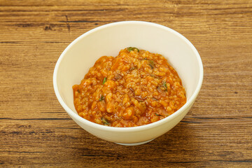 Traditional Georgian Kharcho soup with meat