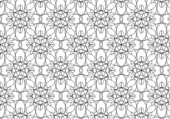 Black geometric lines loop to form flower shapes in a repeating pattern on a white background, vector illustration