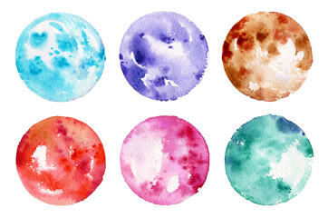 Color palette on a white background. Set of abstract spots. Collection of backgrounds for design and creativity. Colorful spots of watercolors in blue,red, purple, turquoise and brown.