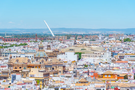 Downtown view of Sevilla with Metropolis Parasol and alamillo bridge, Spain