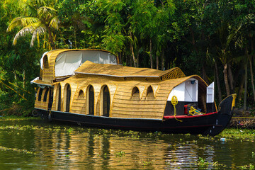 Panorama of tourist houseboat on Kerala backwaters. Kerala, India