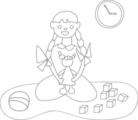 the girl at home plays with toys and a doll, next to her beloved pet - a red tabby cat. Household chores and rest time. Self-isolation mode during quarantine. Vector illustration