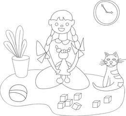 the girl at home plays with toys and a doll, next to her beloved pet - a red tabby cat. Household chores and rest time. Self-isolation mode during quarantine. Vector illustration