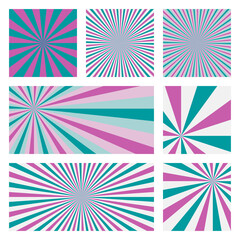 Appealing sunburst background collection. Abstract covers with radial rays. Creative vector illustration.
