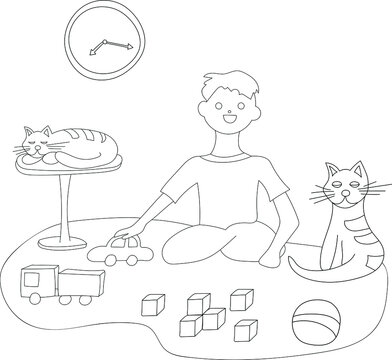 The boy plays at home with toys and cars, next to his favorite pets - striped cats. Household chores and rest time. Self-isolation mode during quarantine. Vector illustration