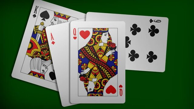 Animation of throwing playing cards with animated Queen image on a green background.