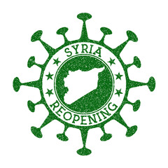 Syria reopening stamp. Green round badge of country with map of Syria. Country opening after lockdown. Vector illustration.