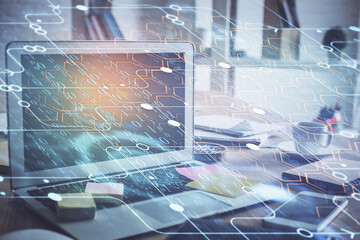 Technology theme drawing and work space with computer. Double exposure. Concept of innovation.