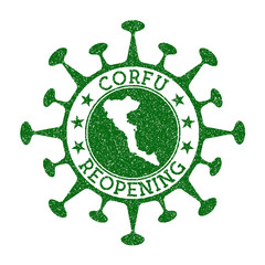 Corfu reopening stamp. Green round badge of island with map of Corfu. Island opening after lockdown. Vector illustration.