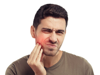 Young man touching his cheek with expression of horrible suffer from pain, health problem and aching tooth, isolated on gray background. Toothache concept