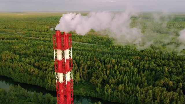 chemical plant smoking pipe aerial video